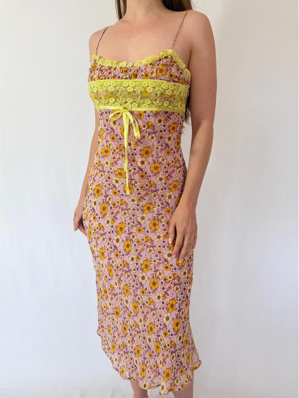 Pink and Yellow Lace Floral Urban Outfitters Picnic Spring Midi Dress